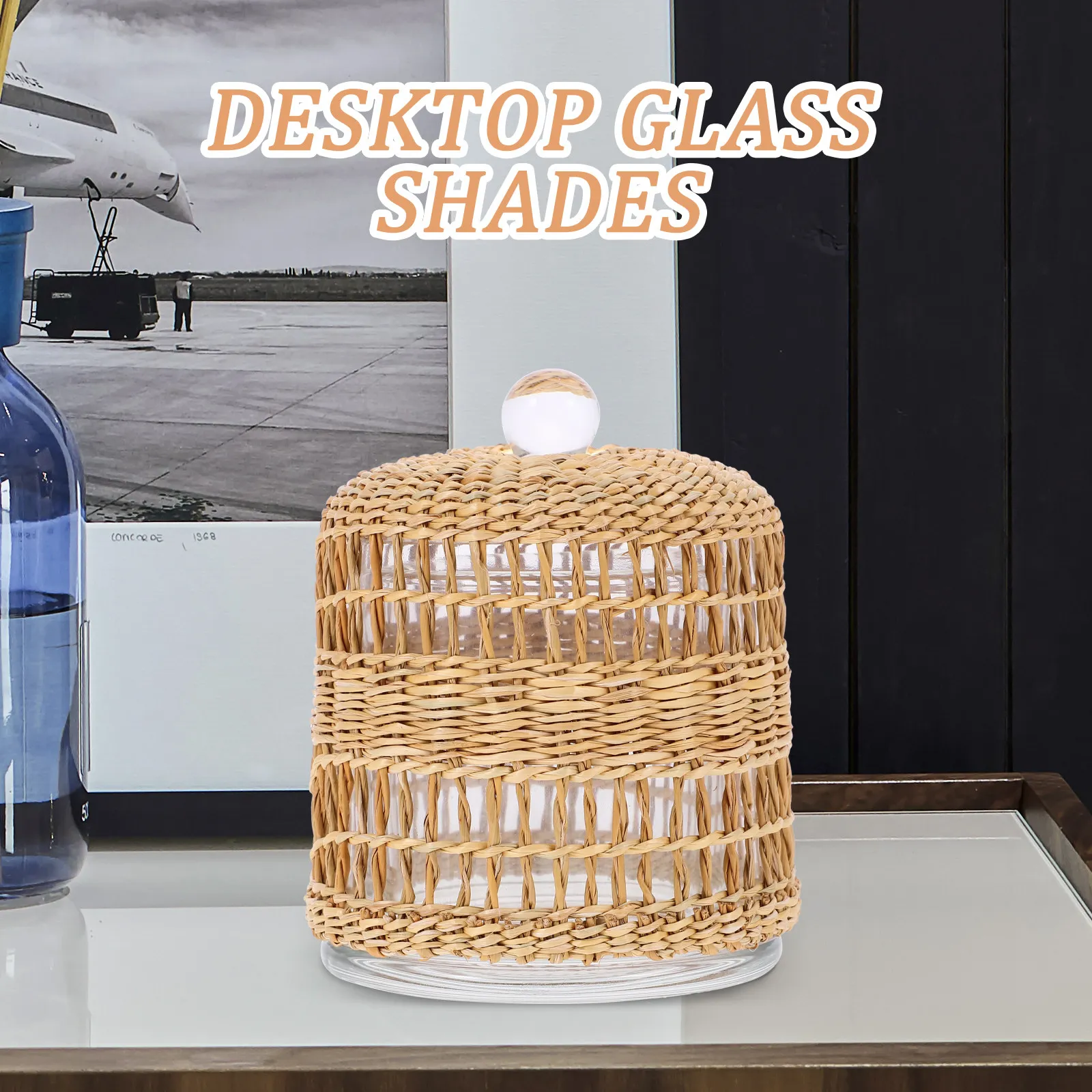 Rustic Straw Wrapped Glass Cover Dome Glass Candleholder Cloche for Home Decorative Warm Atmosphere Cover