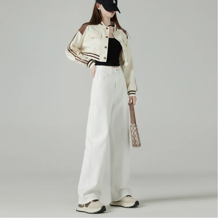 

High Waist Straight Leg Jeans For Women, New Style, Petite, Loose Fit, Slimming, Draped, Wide Leg, Floor-Length, White,