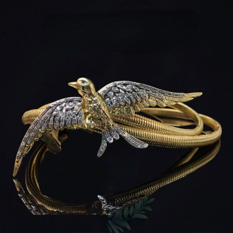 

Luxury Brand Belt 2025 New Metal Elastic Bird Waist Chain Gold Colour Stripes Animal Shape Inset Decorative Belt Women