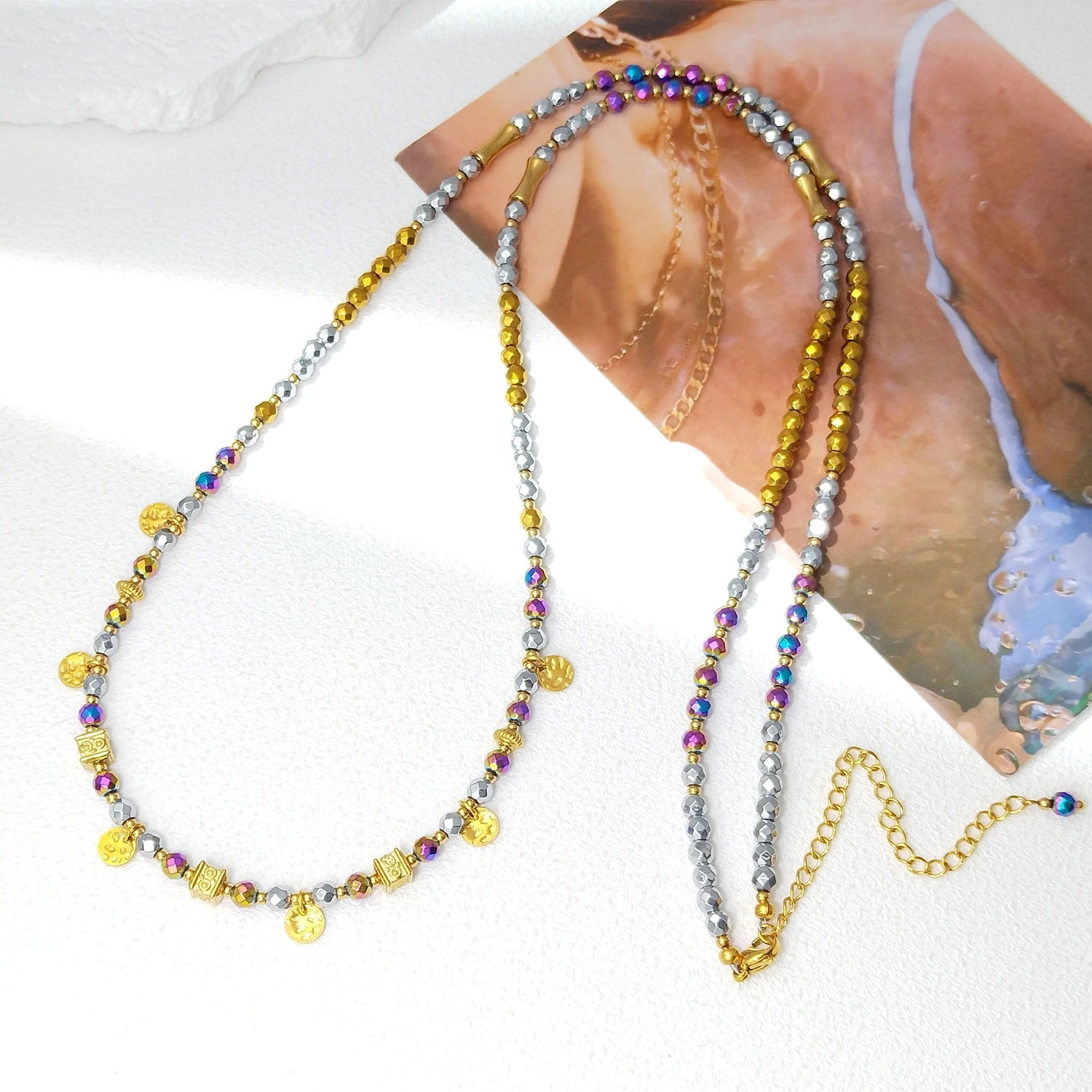Lii Ji Multi Hematite 4mm Beads Stainless Steel Gold Plated Waist Chain 76+8cm Natural Stone Handmade Jewelry