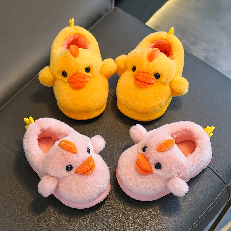 Kids'Slippers Plush Cartoon Fluffy Suede Winter Shoes For Children Anti-slip Thick Bottom Home Slipper Yellow Pink Size 22-33