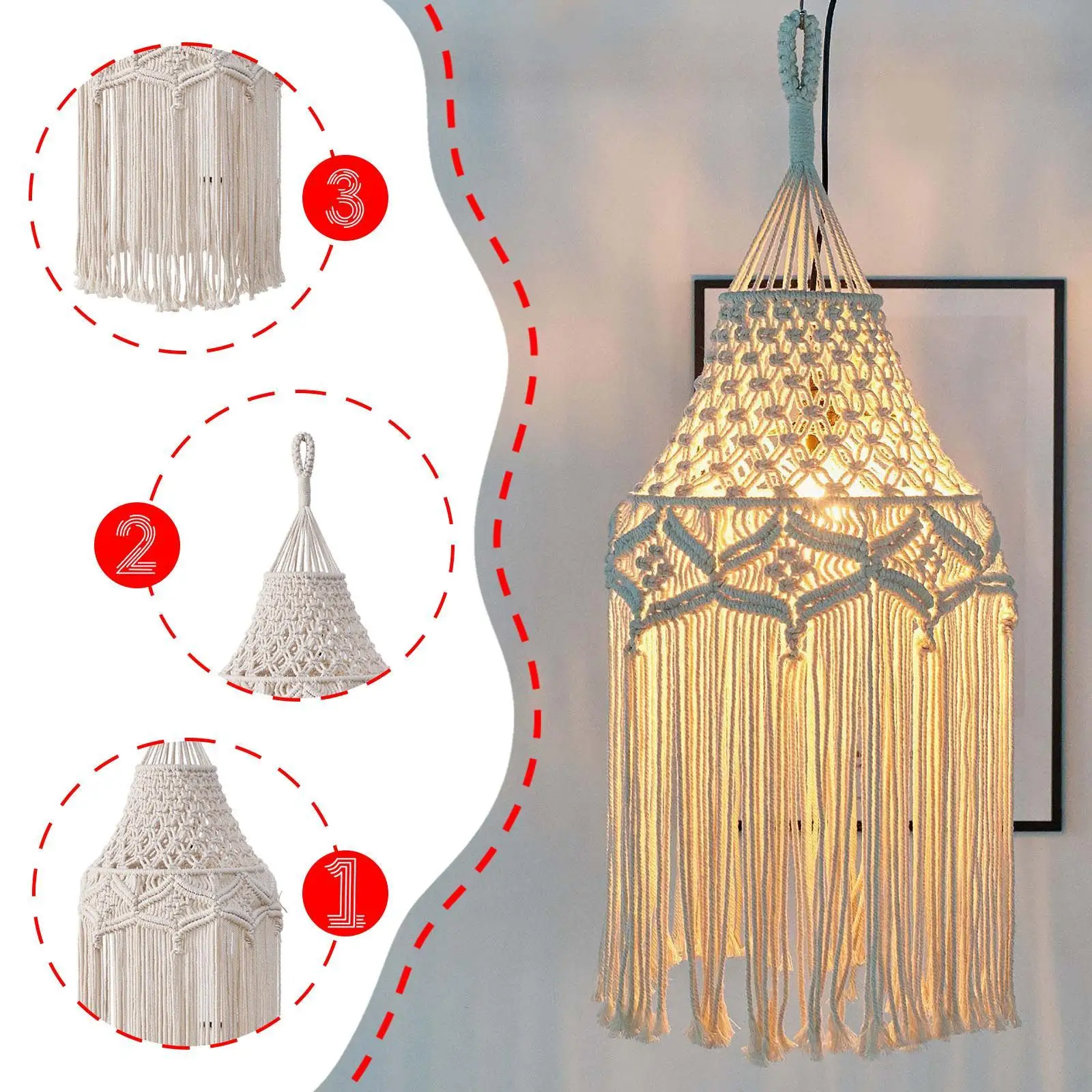 Handmade Macrame Lamp Shade Boho Style Woven Cotton Lampshade for Dining Room and Bedroom Fixtures