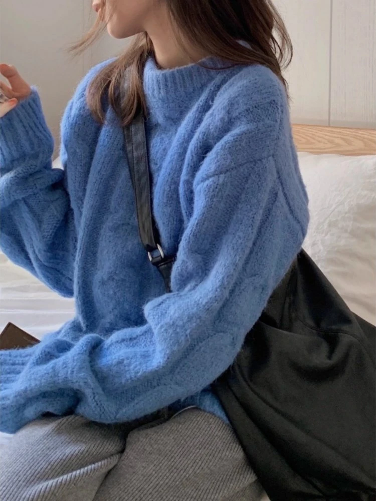 

Элегантный синий женский трикотажный джемпер свободного кроя в стиле Lazy, серия Milk, нежный топ, весна 2026, новинка, удобный, с круглым вырезом, с длинным рукавом