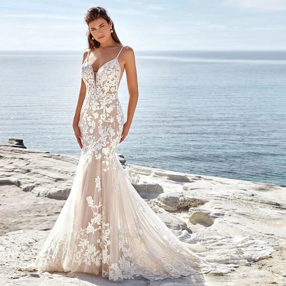 

Customized Exquisite Sexy Spaghetti Straps Bride Gowns Sweetheart Beaded Lace Mermaid V Neck Wedding Dresses Vestidos De Novia