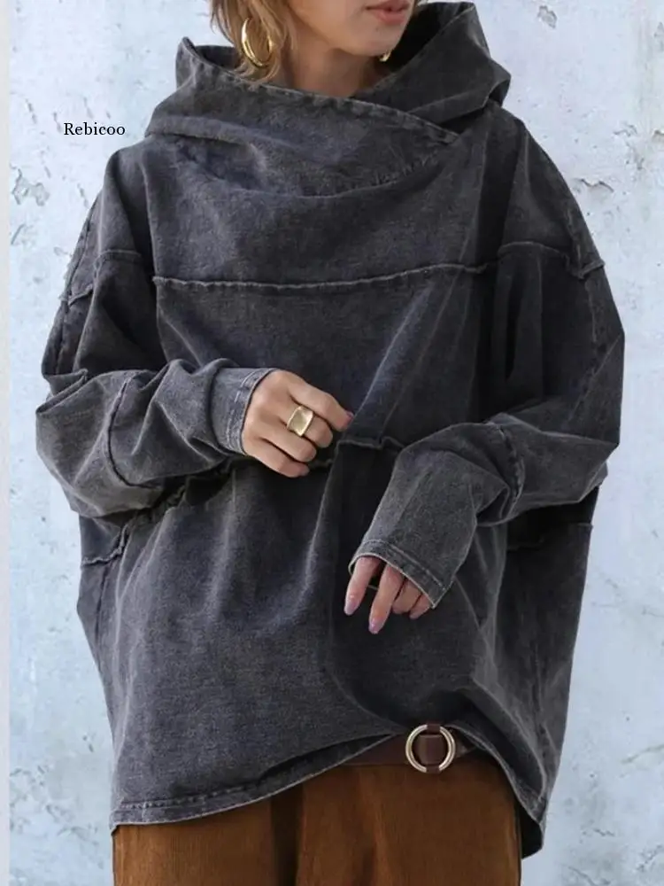 Tooling Loose Washing Denim Tops Autumn Splicing Long Sleeve Gray Hooded Sweater Street Hipster Solid Color Urban Leisure New