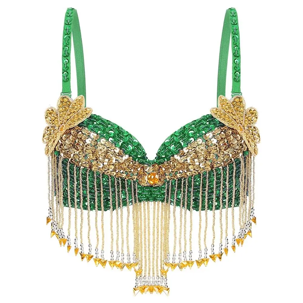 Nappe con perline Top di danza del ventre Cinghie regolabili lucide Reggiseno con paillettes Stage Nightclub Reggiseno con ferretto per Tailandia/India/Arabo