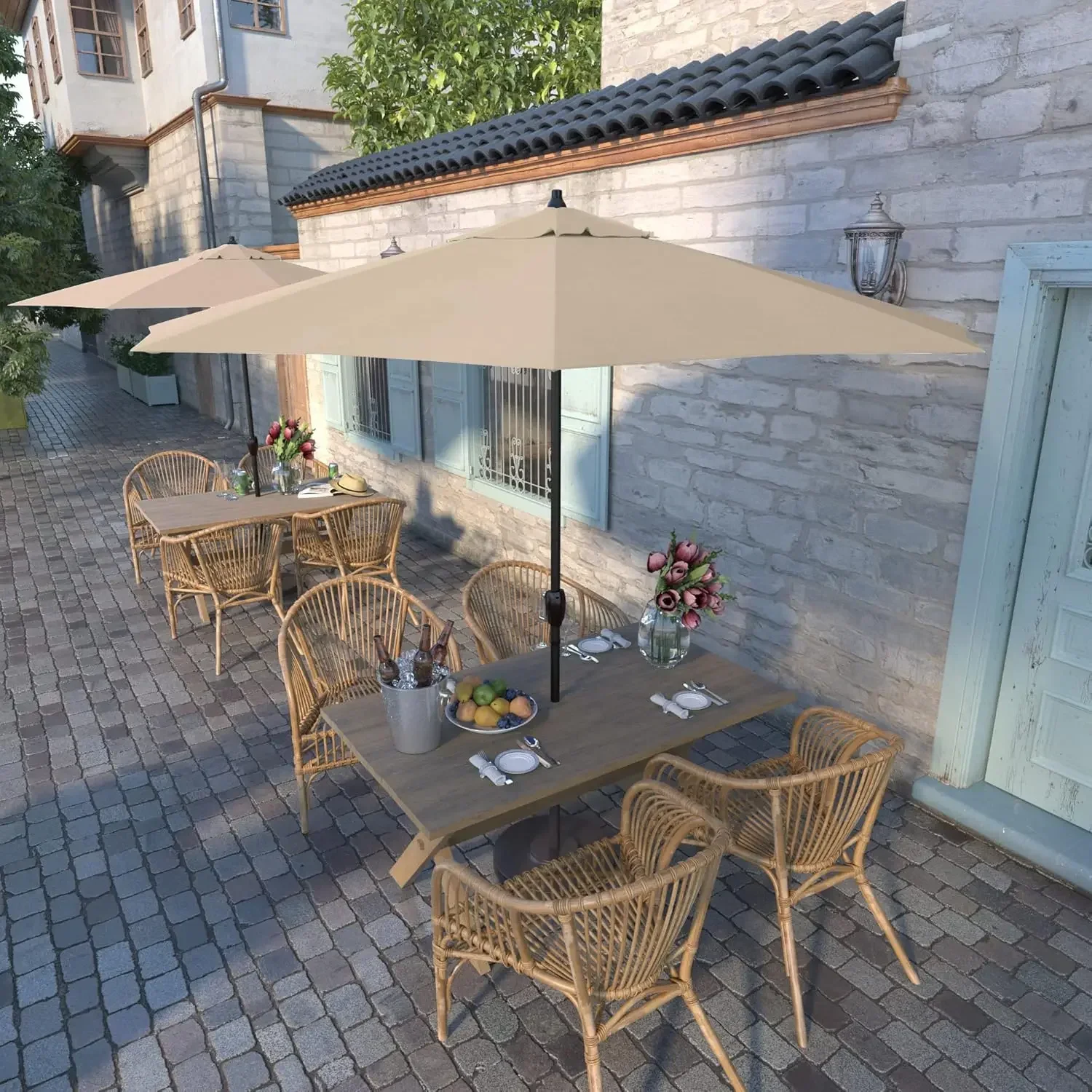 

9' Round Aluminum Outdoor Deck, Pool or Patio Umbrella, Crank Lift, Auto Tilt, Bronze Pole, Antique Beige Olefin