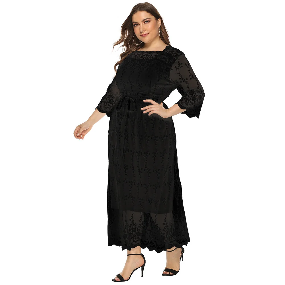 Plus Size Women's Dresses 2023 Summer New Lace Medium-sleeved Long Elegant Dresses Lar Size Female Casual Vacation Beach Dress