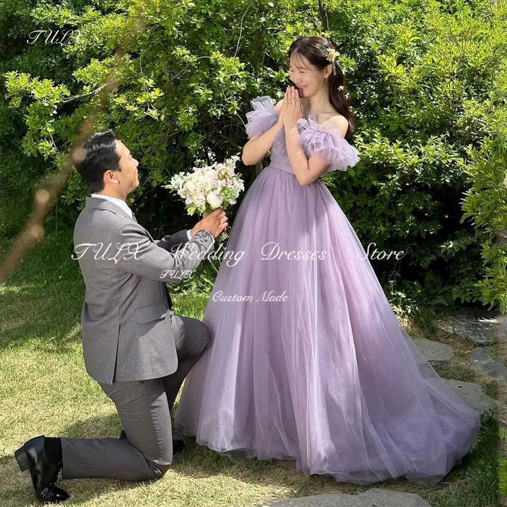 

TULX Fairy Purple Tulle Evening Dress Korea Wedding Photo Shoot Dress Off Shoulder Long Bridal Gowns Corset 드레스 웨딩 한국 Customized