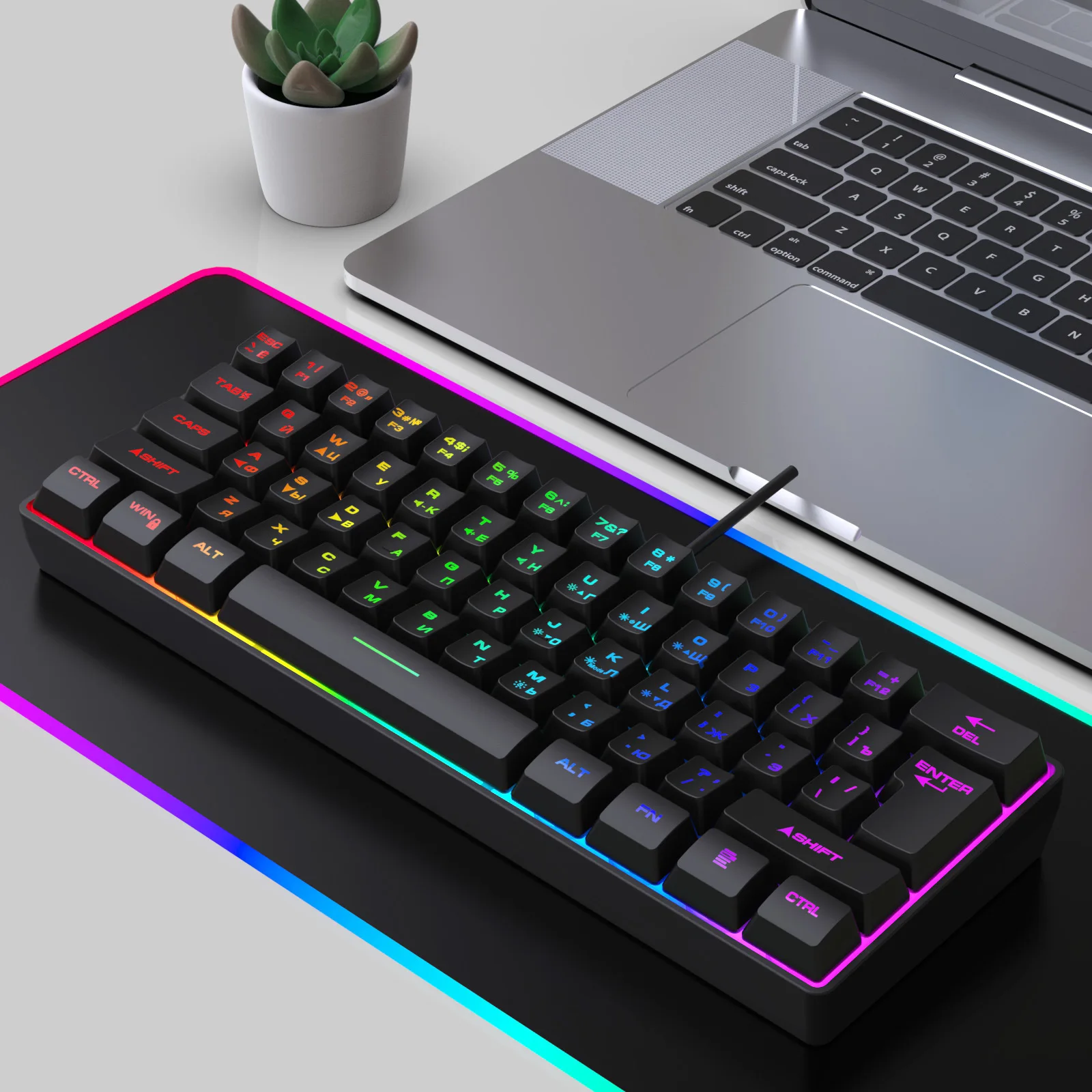 61-Key Russian Layout Mechanical Feel Keyboard Wired Gaming PC Keyboard with Cyrillic Letters