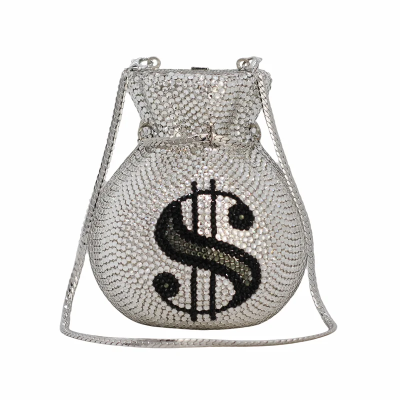 New Pattern US Dollar Money Bag Pouch Ladies Handbag Luxury Silver Crystal Diamond Wallet Woman Fashion Designer Evening Purse