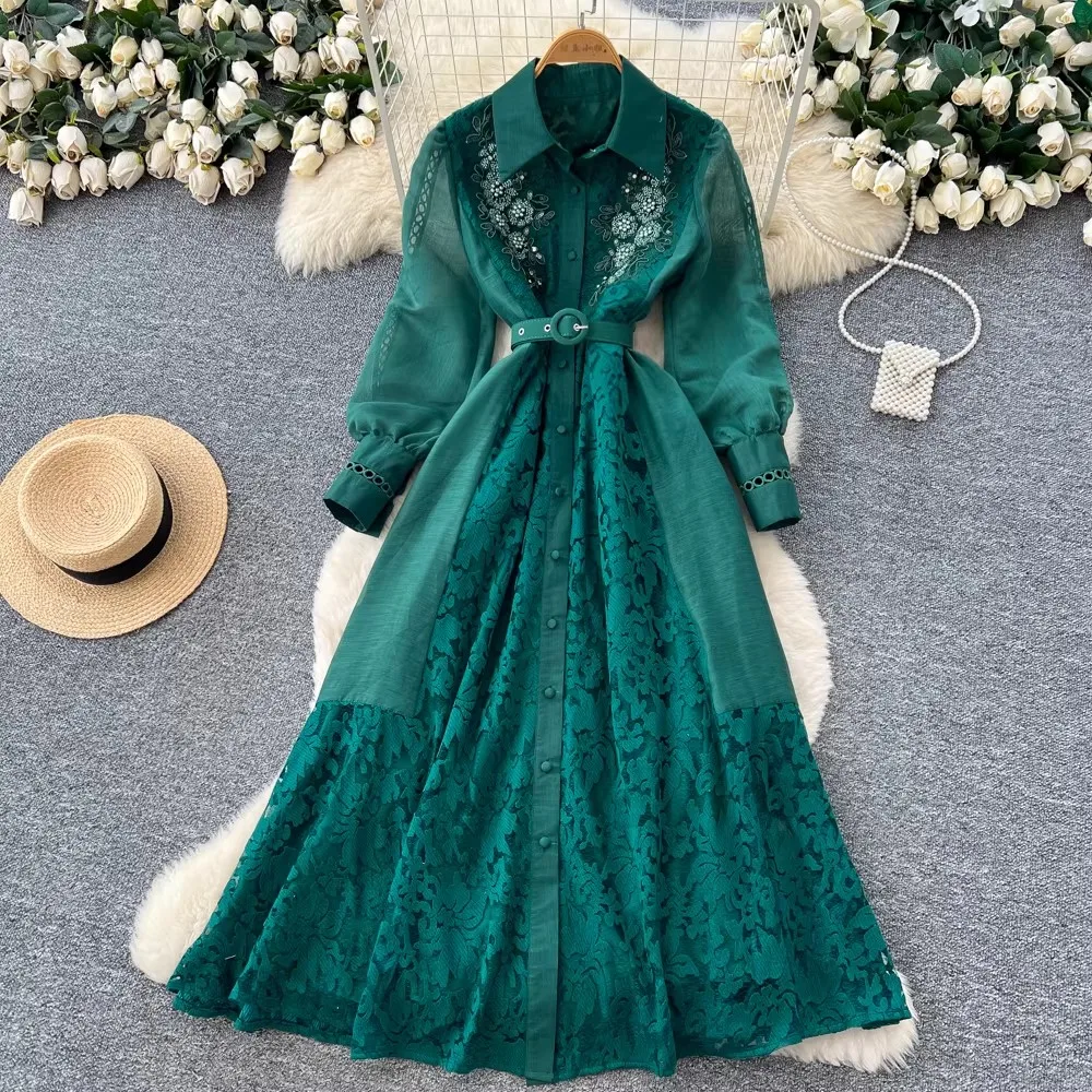 

Elegant Women Embroidery Lace Prom Dress Spring Long Sleeve Single Breasted Hollow Out Crystal Belt A-Line Long Party Dresses