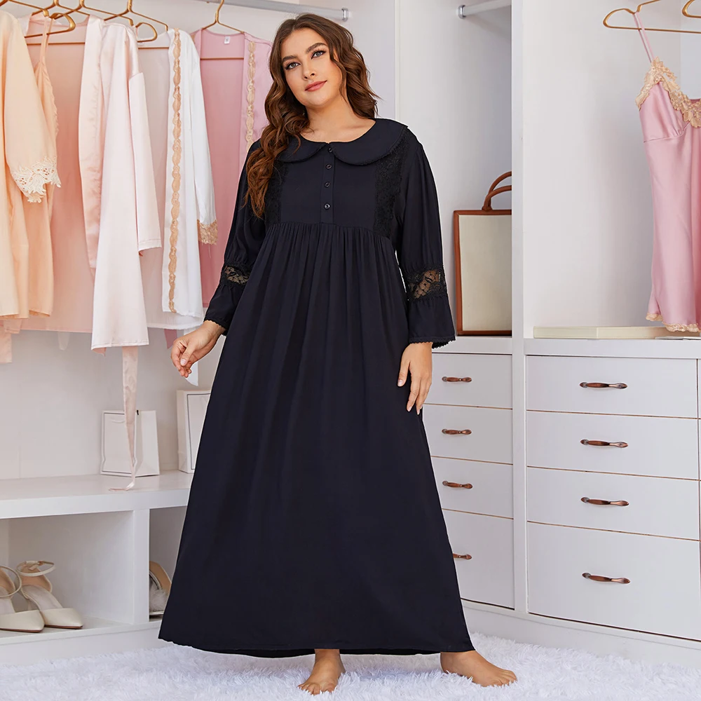 

Plus Size French Elegant Black Blue Maxi Dress For Women Sleepwear Oversized Home Cloth Spring Suit Female Nightgown Long Robe