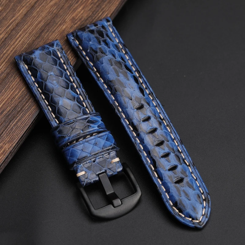 Handmade snakeskin Watchband 20MM 22MM 24MM Black White Green Blue Leather Strap Men\'s Snakeskin Watch Strap