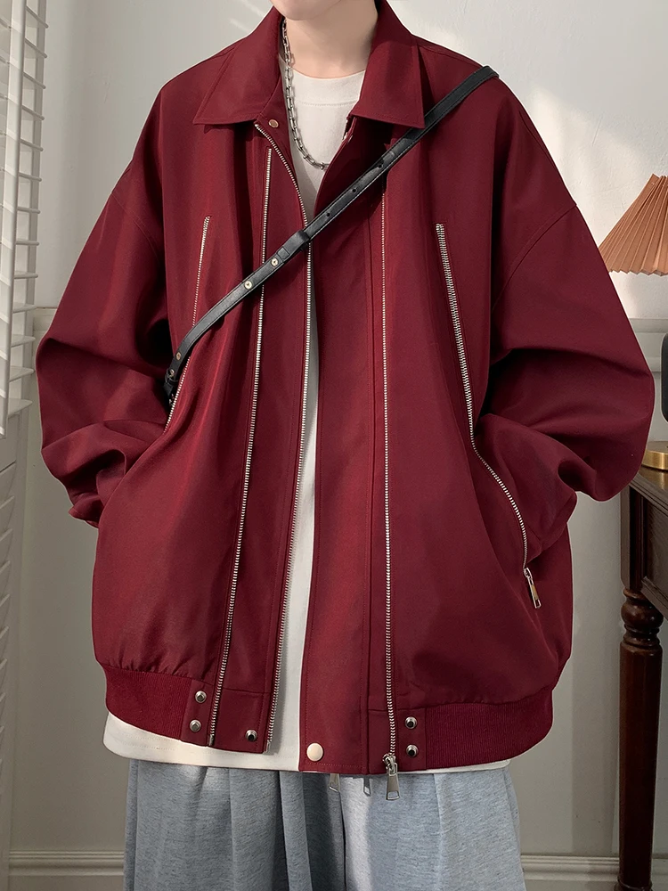 

Мужская куртка цвета красного вина на молнии с воротником, весенне-осенняя, в американском ретро-стиле, высококачественная модная верхняя одежда