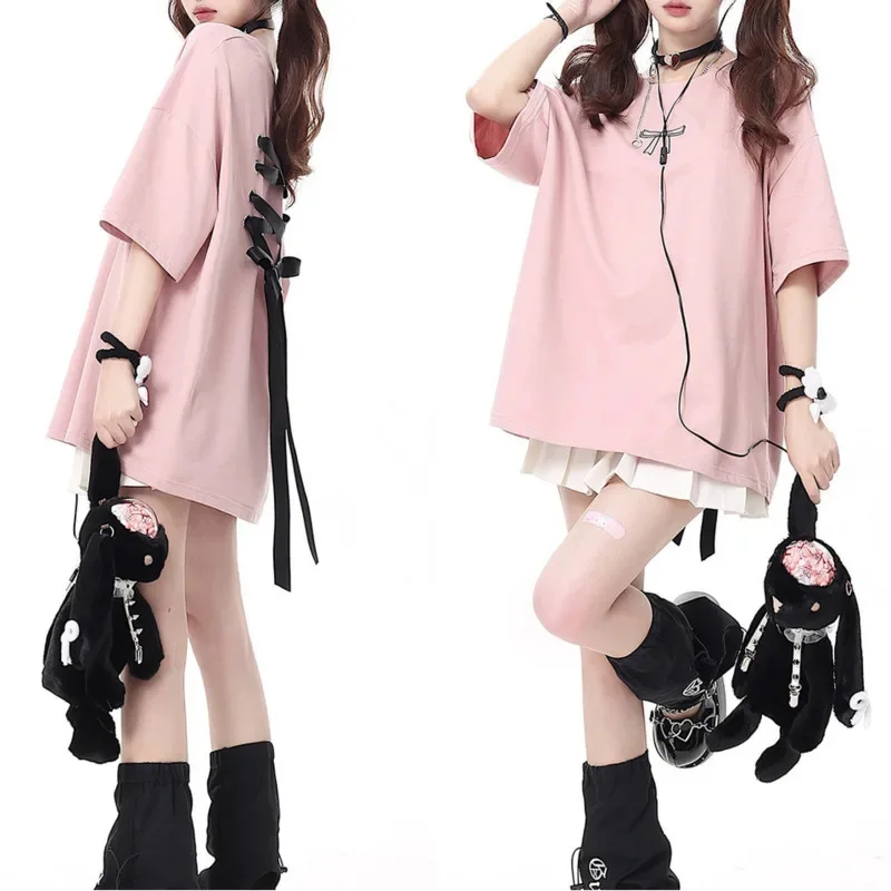 Women Bow Tie Tops&Tees With Pure Cotton Short Sleeved T-shirt For Summer Strap Dopamine Casual Half Sleeved Loose Top Tee New