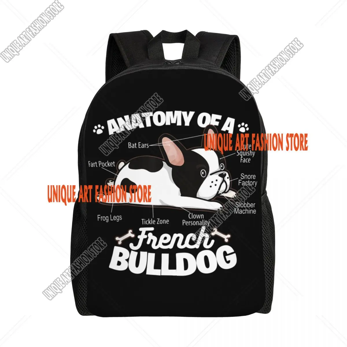 

Рюкзаки с 3D-печатью «Анатомия французского бульдога» для девочек и мальчиков, школьные сумки для колледжа, сумка для книг, подходит для 15-дюймового ноутбука