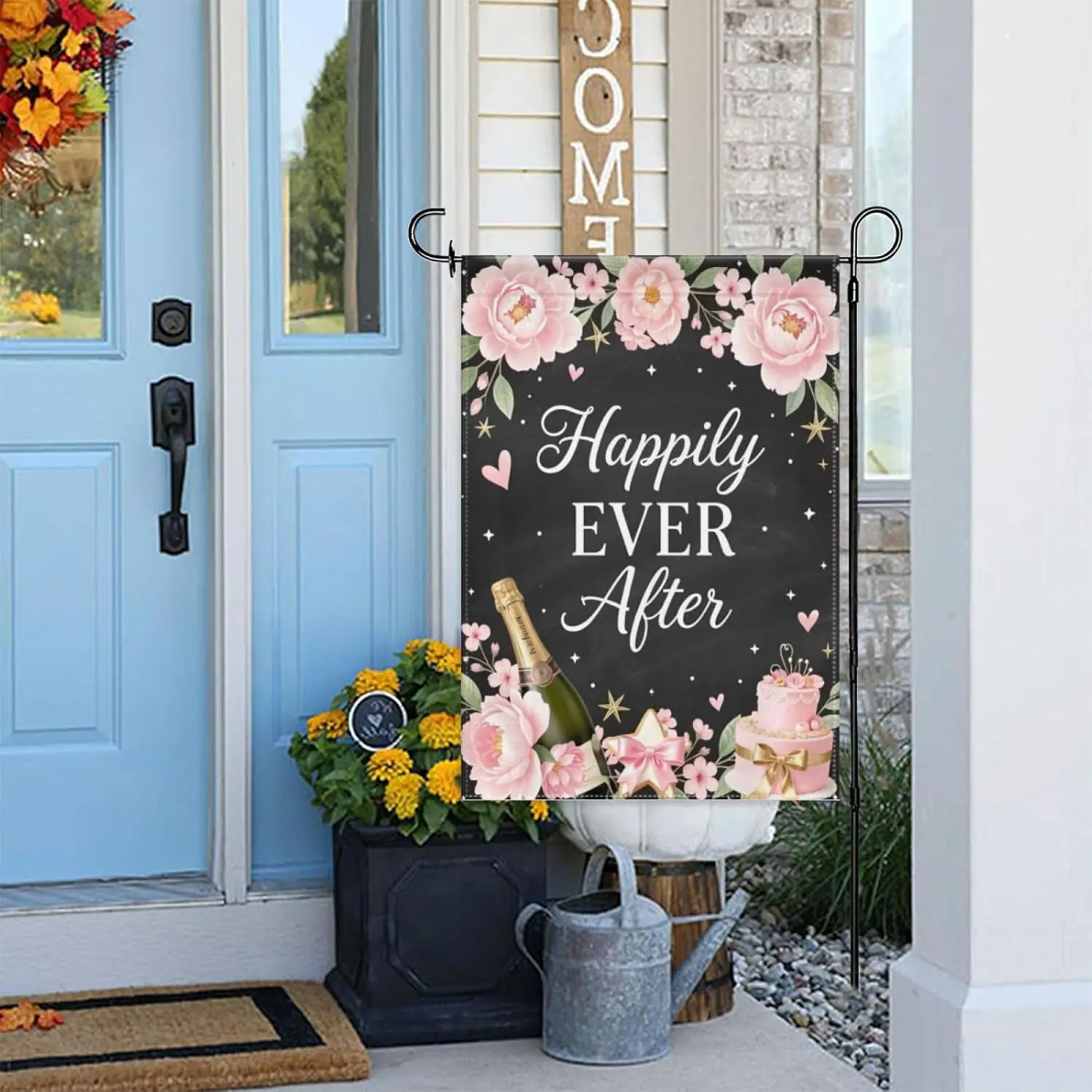 Happily Ever After Wedding Garden Flag 12x18 Inch Double Sided – Floral Champagne Cake Outdoor Yard Decoration for Porch Law IIC