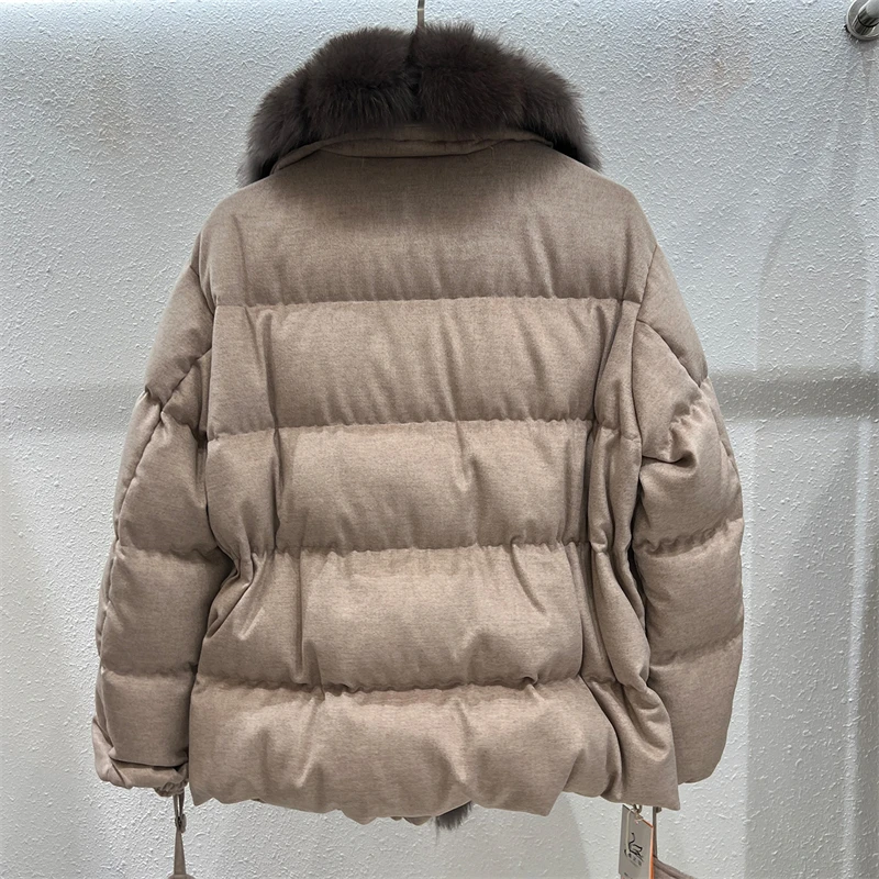 2026 Winter Women Goose Down Jacket, Large Real Fox Fur Collar, Short Coat, Waist Tie Belt, Thickened Warm Puffer Outerwear
