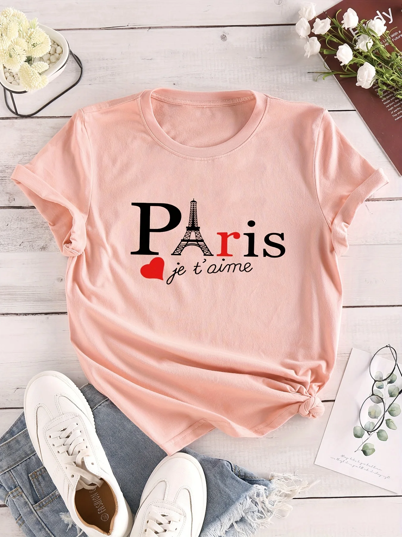 Paris Letter Print Crew Neck Women T-Shirts Casual Short Sleeve T-Shirt Casual Every Day Top Women\'s Clothing Female Tops Tees