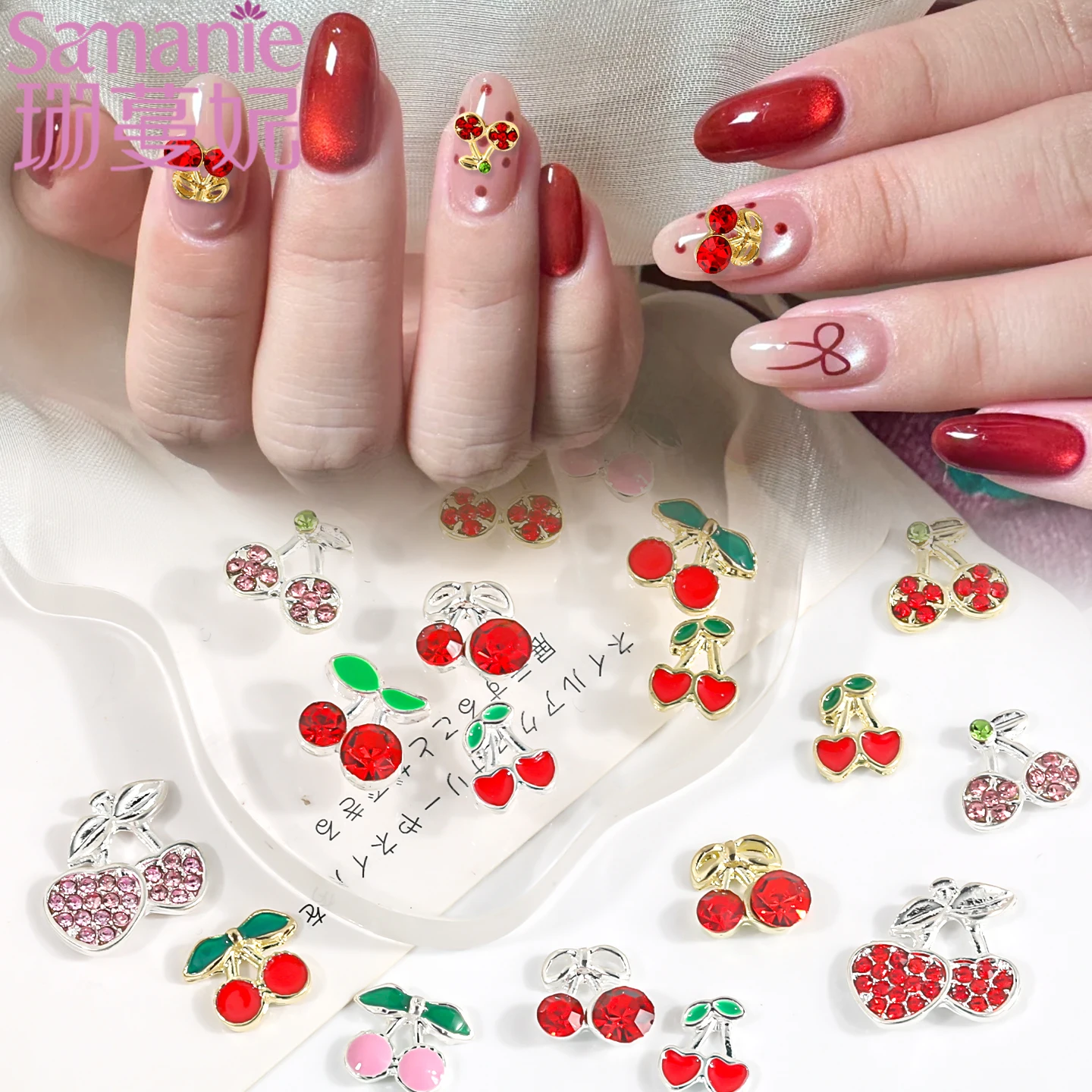 12Grids Trendy Alloy Enamel Fruits Cherry Nail Art Charms 3D Shiny Pink Red Rhinestone Gems Nails DIY Jewelry Making Accessories