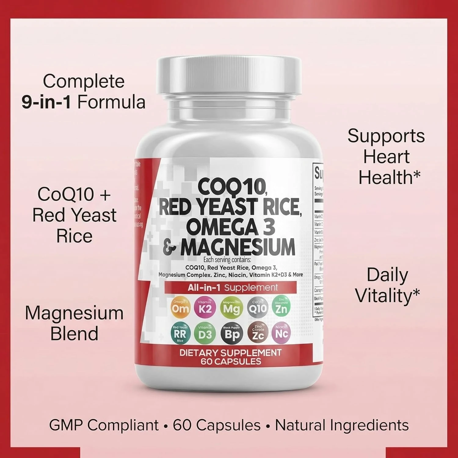 Heart Support CoQ10 Red Yeast Rice 3 Magnesium Complex Niacin Zinc Vitamin K2 & D3 Capsules for Men And Women