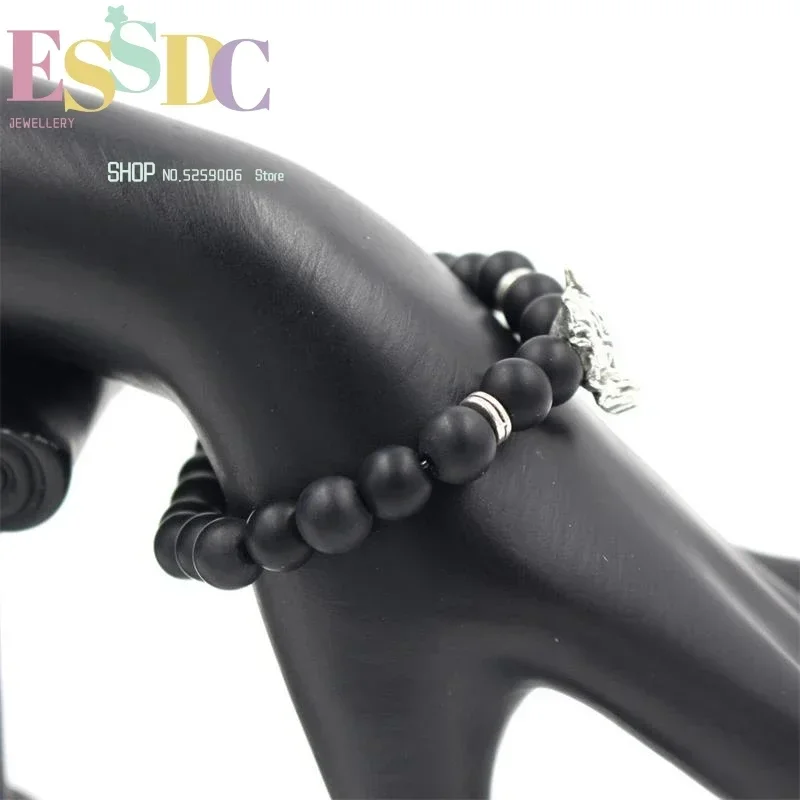 8mm Natural Black Frosted Onyx Beaded  Personality Leading Wolf Head Energy Stone Bracelet Fashion Men's Healing Jewelry