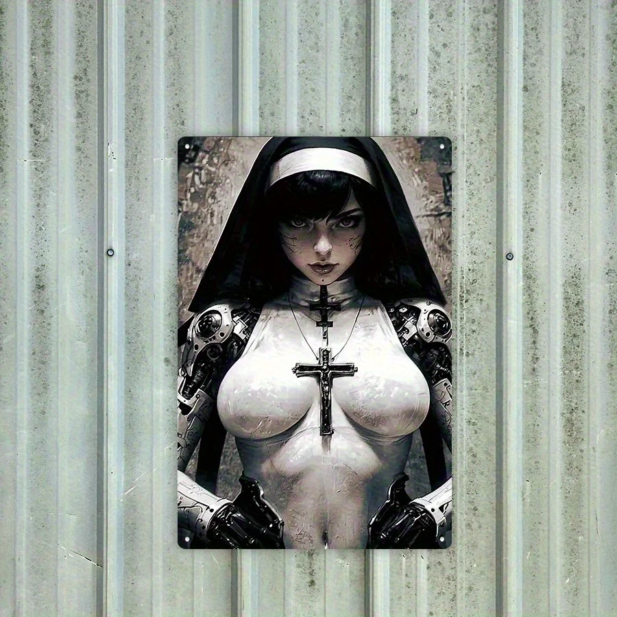 „The Cool Nun“ Vintage-Eisenschild – Funky Wanddekoration mit Kreuz und Skelettzeigern, für Zuhause, Bar, Garage, Küche – Einzigartiges Gi