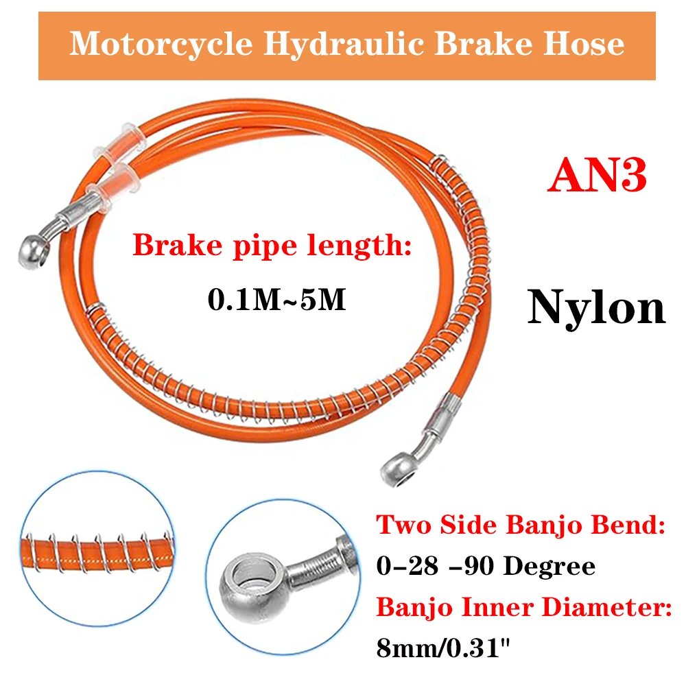 

Orange 10cmTo500cm Hydraulic Brake Hose DOT oil Pipe Line Braided Cable 8mm/0.31"0°-28°-90° Banjo Chromium plating For universal