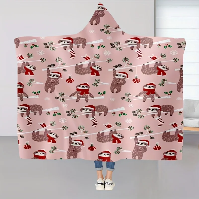 Flannel Hooded Best-Seller Cape Style Cloak Lazy Cute Gift Pink Fun Sloth Print Blanket Comfortable Soft Warm Throw Blanket