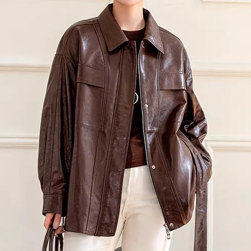 Outfits 2025 New Imported Oil Wax Leather Windbreaker Women Retro Brown Casual Mid Long Jacket with Sash Abrigo Mujer