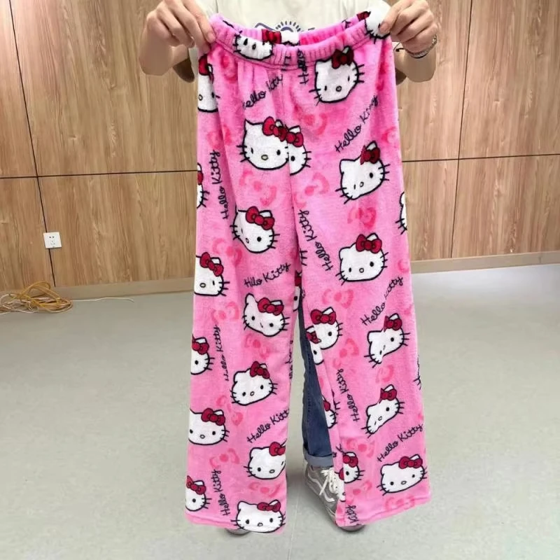 

Hot Sanrio Hello Kitty Pajama Pants Anime Trousers Women Lovely Mao Maoautumn Winter Velvet Keep Warm Pants Girls Home Fashion ﻿