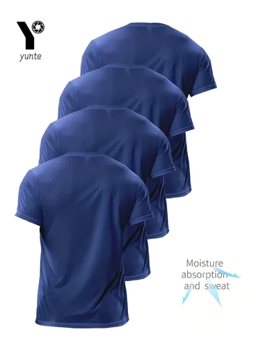 Imagen 2 del producto Camiseta de cuello redondo para hombre, camisa de secado rápido, transpirable, ultraligera, color azul marino, 4 piezas, para Fitness, gimnasio y correr, a cuadros ligeros
