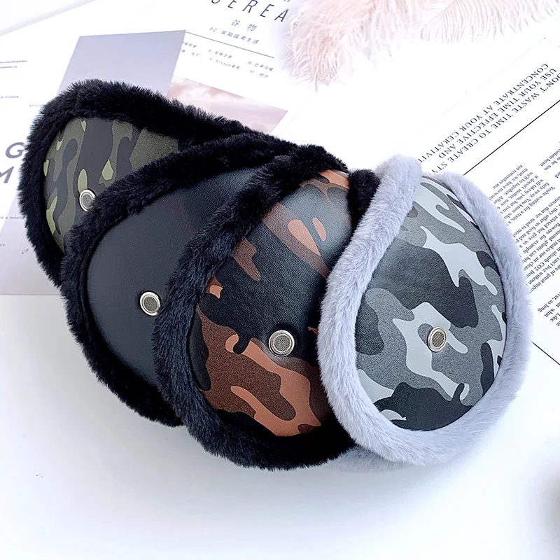 Mens Camouflage Ear Muffs Winter PU Leather Ear Warmers Thickening Soft Ear Cover with Loudspeaker Hole Headphones Warmer