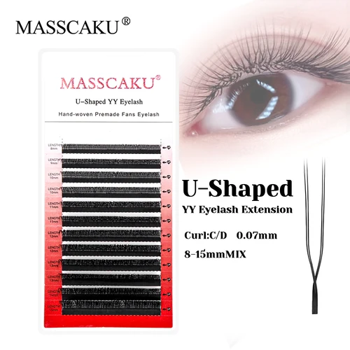 MASSCAKU-extensiones de pestañas YY en forma de U, rizo C D, 0,07mm de espesor, estilo Y, pestañas profesionales hechas a mano prefabricadas