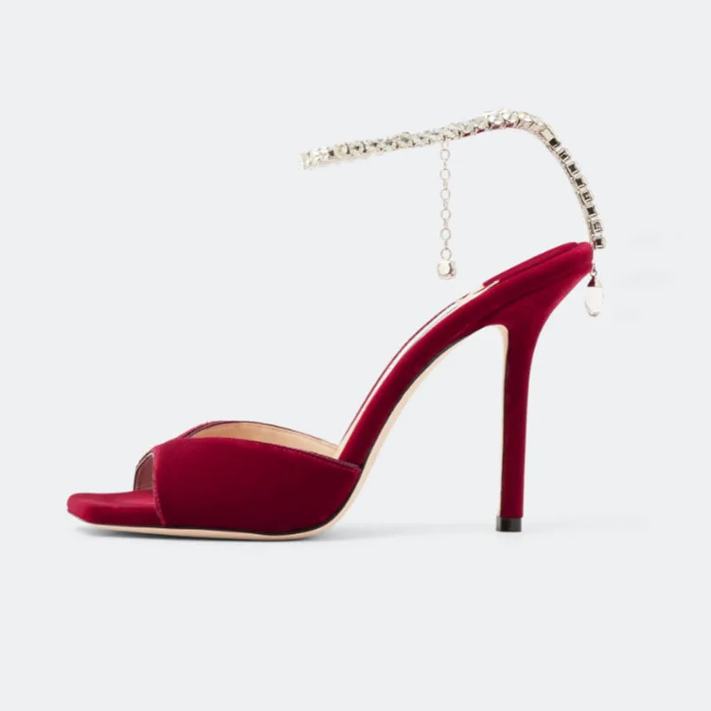 Arden Furtado 2025 Summer Microfiber Square toe Super high heel Diamond chain Party word-cingulate Open toe Sandals Large size