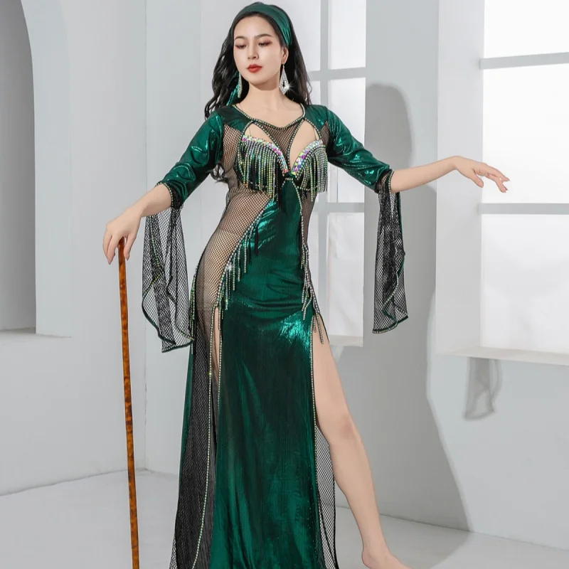 Nuevo traje de competición de danza del vientre para mujer, conjunto de borlas de diamantes de lujo de alta gama, bata folclórica Saidi, traje de actuación de danza Oriental