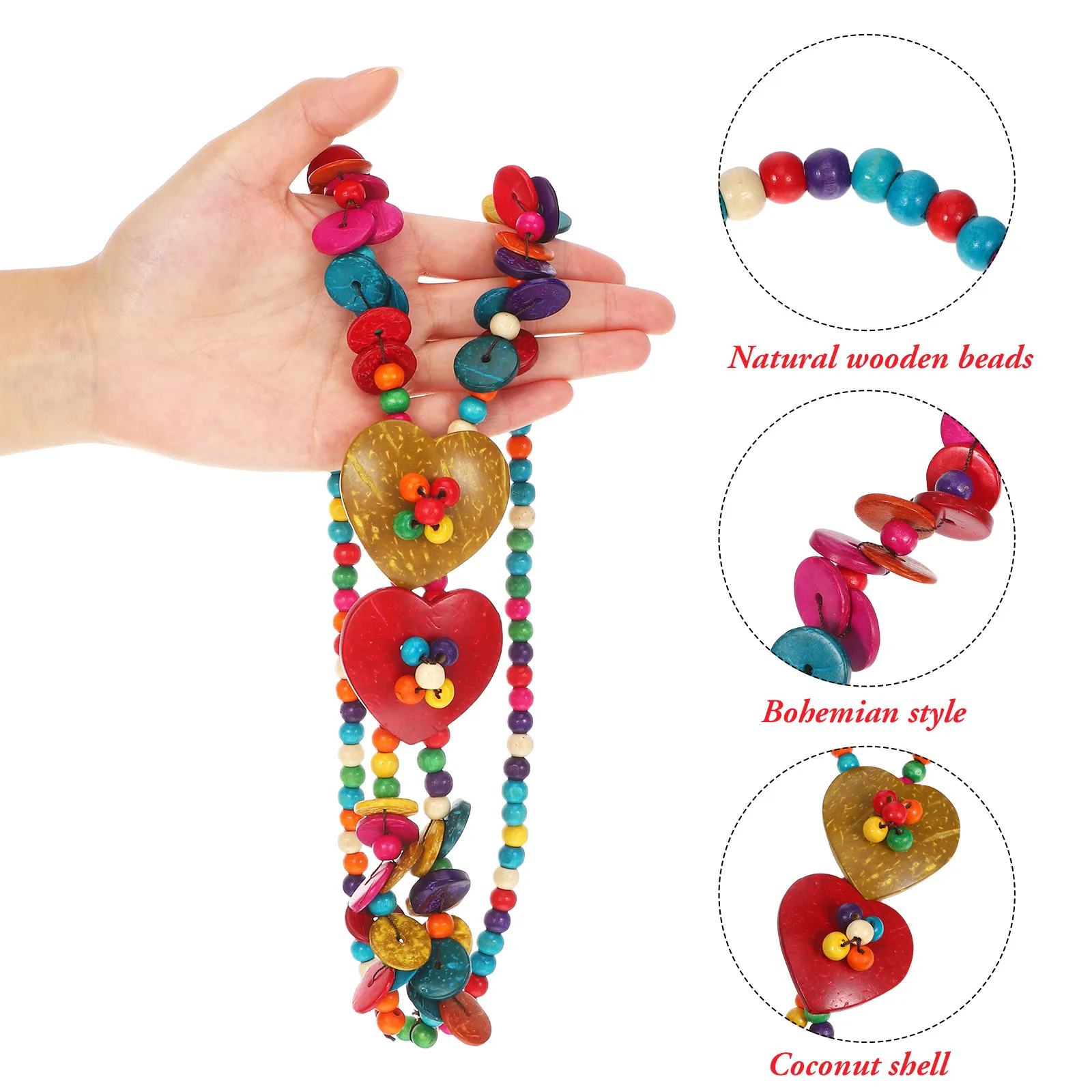 Heart Shape Bohemian Necklace Women Premium Coconut Shell Wooden Beads Retro Elegant Alluring Daily Wear Jewelry Gift for Her
