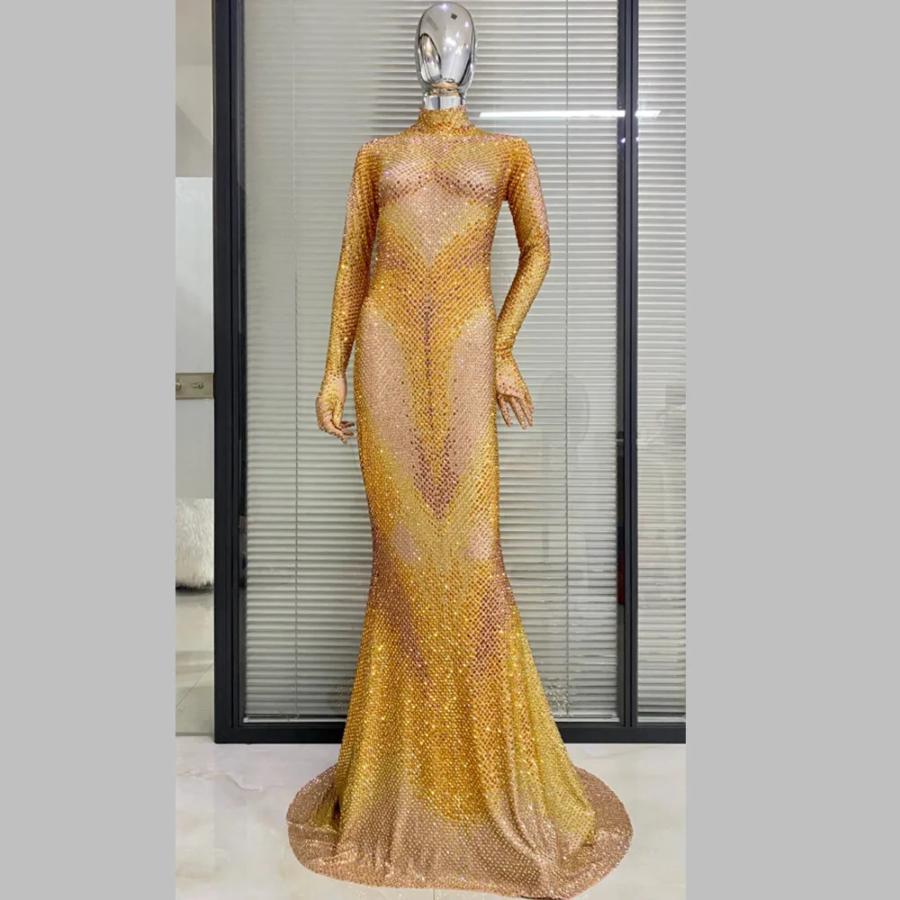 Customized Gold Color Women Long Sleeve Rhinestones Shinning Elegant Evening Party Floor-Length Dress Singer Performance Costume