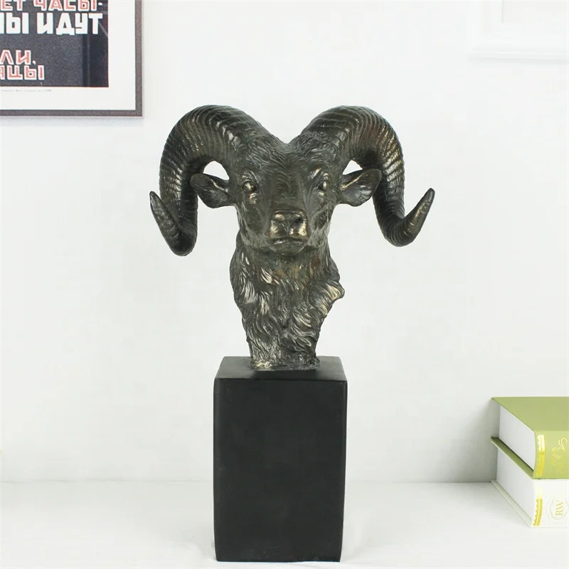 T*& Retro Bronze Goat Head Bust Statue Metal Animal Sculpture Home Decor