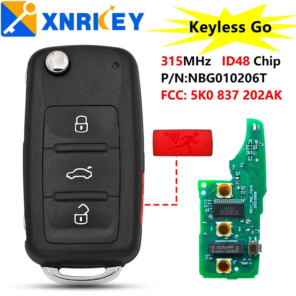 XNRKEY 3+1 Button Keyless-go Remote Car Key ID48 Chip 315Mhz for Volkswagen Passat CC Jetta Golf Beetle NBG010206T 5K0837202AK