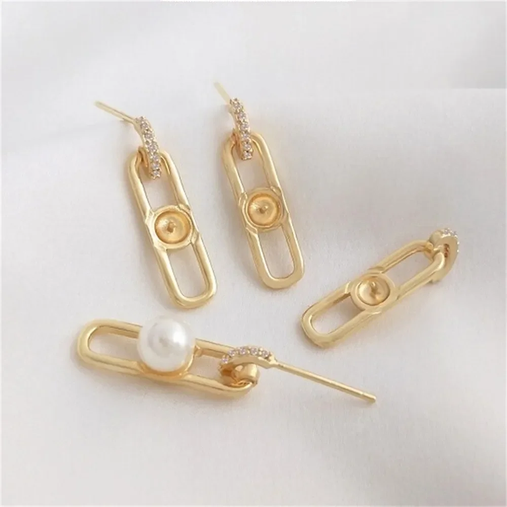 

925 Silver Needle 14K Gold Color Geometric Long O-Shaped Beads Holder Stud Earrings Handmade DIY Pearl Earrings Accessories