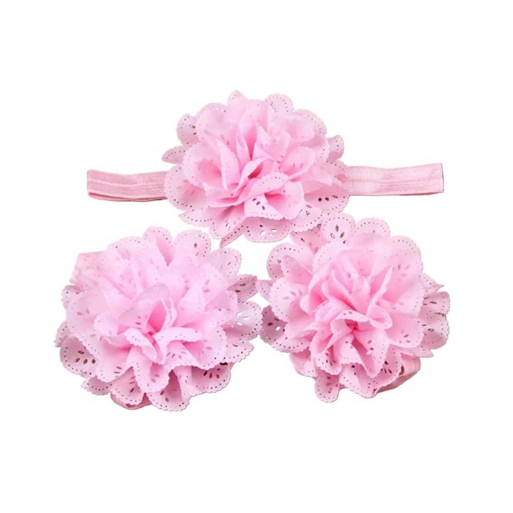 3pcs/lot Soft Solid Color Newborn Elastic Headband Chiffon Floral Child Barefoot Sandal Shoe Set Baby Girls Accessories Gifts