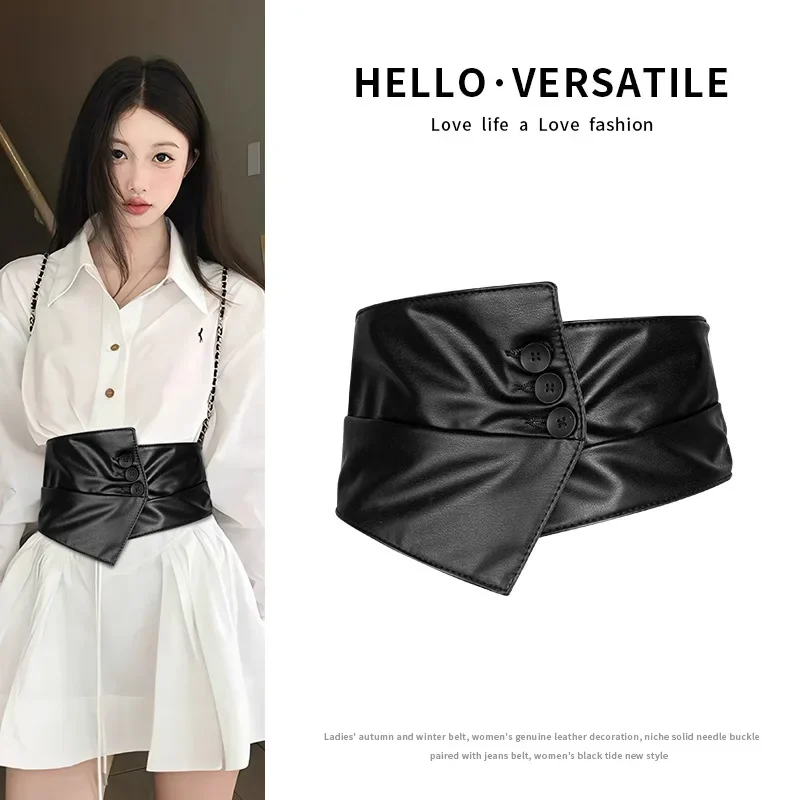 Stylish Waist-Cinching Elastic Wide Versatile Belt—Perfect for Pairing with Shirts Dresses and Suits Three-Button Belt