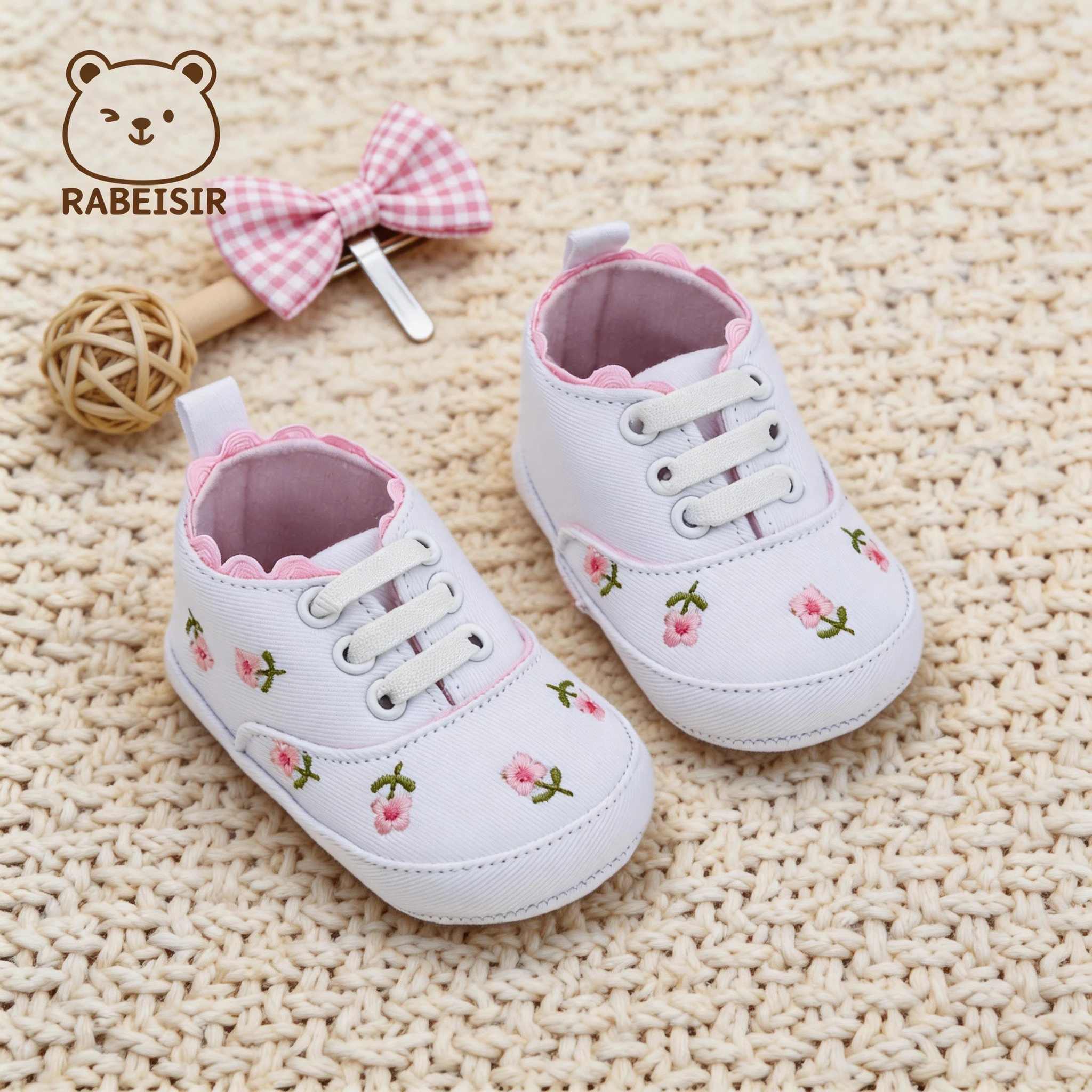 Cute Mini Floral Embroidery Decor Faux Lace‑Up Heel Pull Tab Soft Sole Infant First Walker Shoes