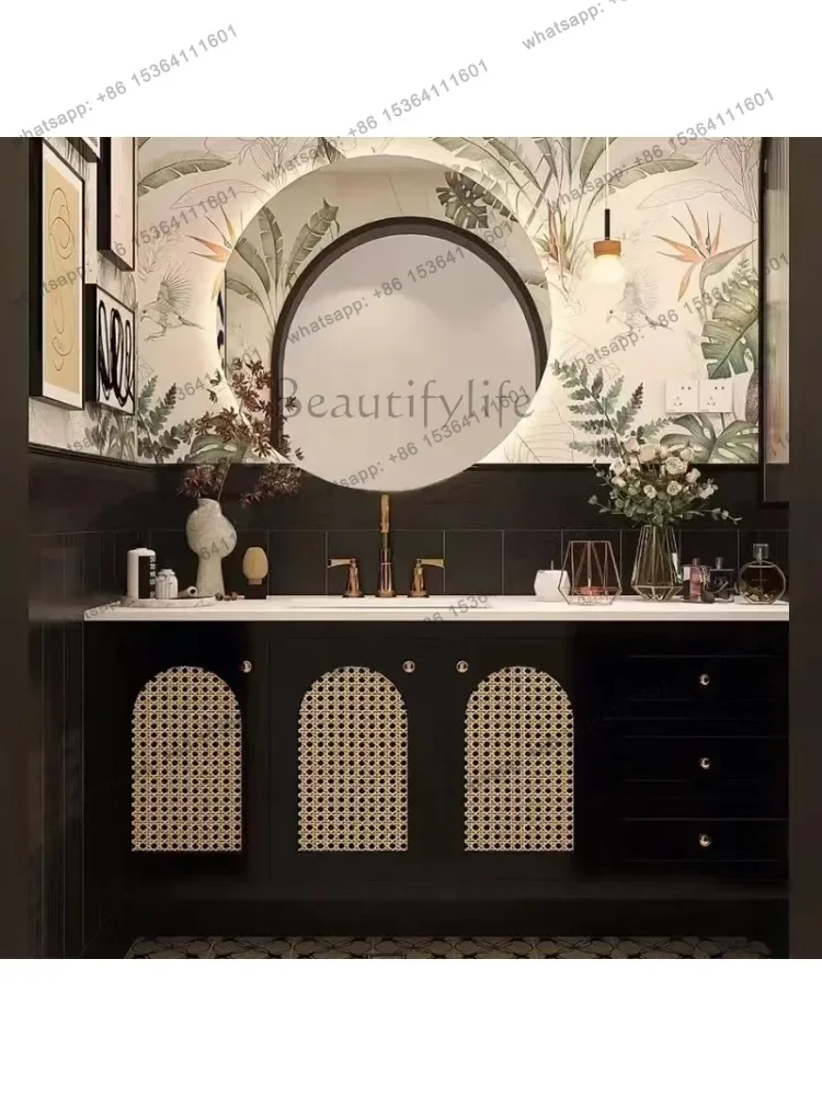 Solid wood bathroom cabinet rattan bathroom wash set bathroom washbasin retro wall-mounted type