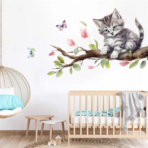 만화 수채화 귀여운 고양이 나뭇 가지 벽 스티커, 어린이 방 장식, 벽 데칼, 침실 홈 장식 