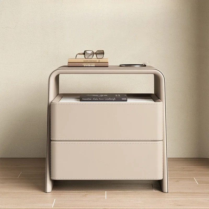 Multi-functional Cream Wind Rock Slab Saddle Leather Solid Wood Bedside Table Bedroom Storage Cabinet Sturdy And Durable