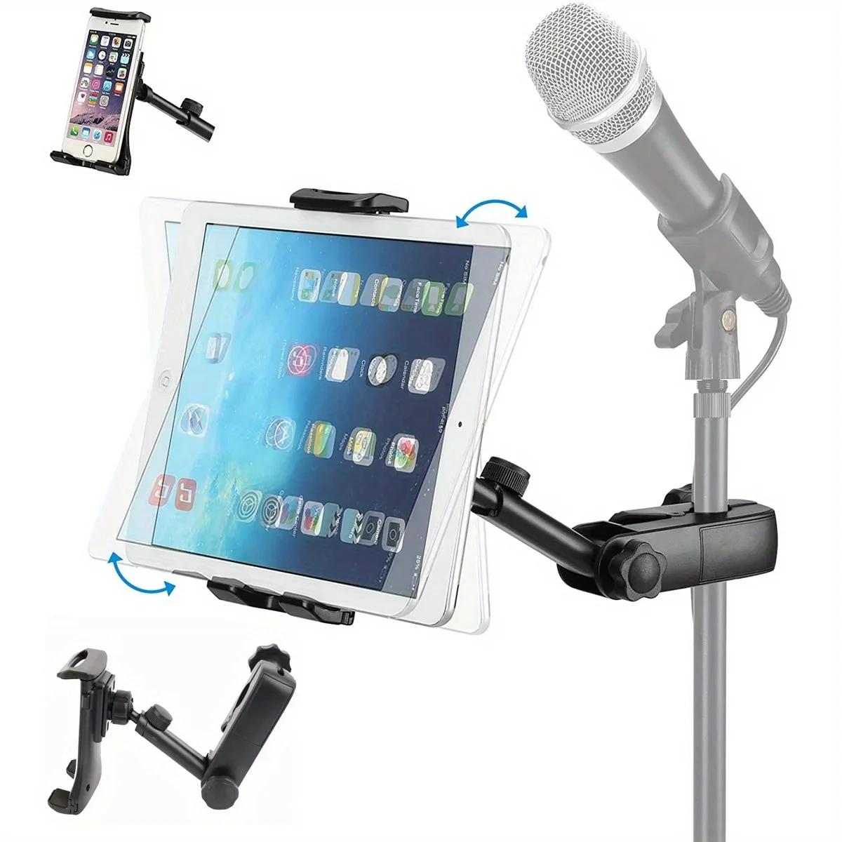 Universal Microphone Stand Phone and Tablet Holder Mic Clip Rotatable Extendable, Perfect Companion for Music and Recording
