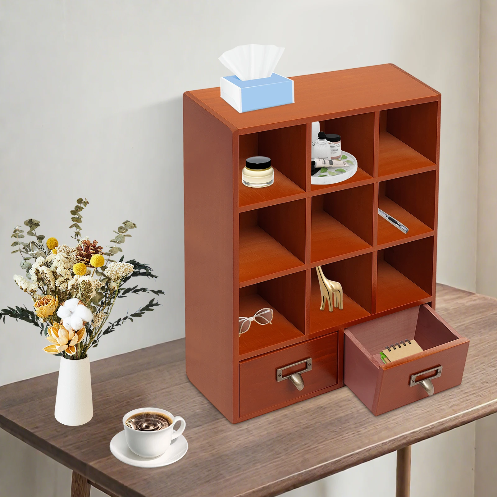 

Vintage Wooden Storage Cabinet, 9 Compartments & 2 Drawers, Wall Mount/Freestanding—No Assembly, Ideal for Living Room/Office